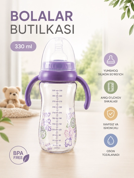 Детская бутылочка, из акрила (330 мл) с силиконовой соской, антисептическая - 