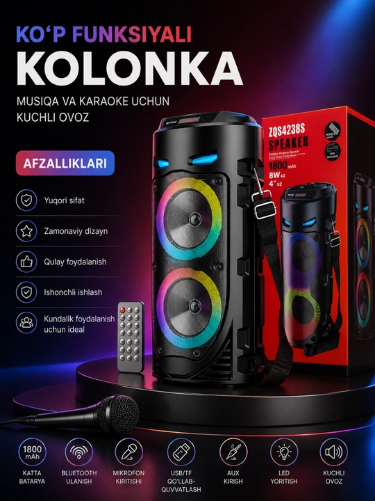 Ko'p Funksiyali Bluetooth Karaoke Kolonkasi, RGB LED, Mikrofon va Masofadan Boshqaruv - 
