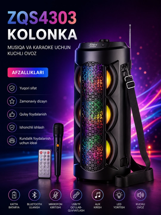 ZQS4303 Bluetooth Karaoke Kolonkasi, Mikrofon, RGB LED va Masofadan Boshqaruv Pulti - 