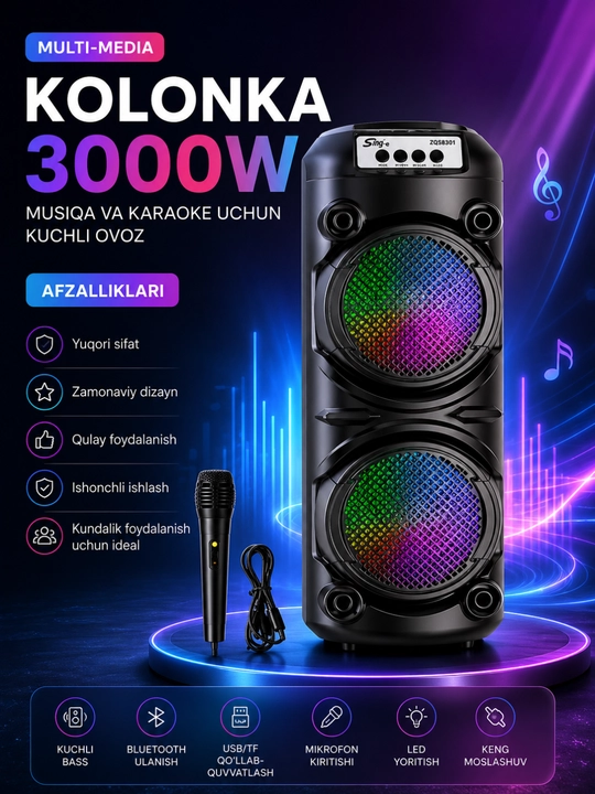 3000W Bluetooth Karaoke Kolonkasi, RGB LED, Mikrofon va USB/TF Qo‘llab-quvvatlash - 