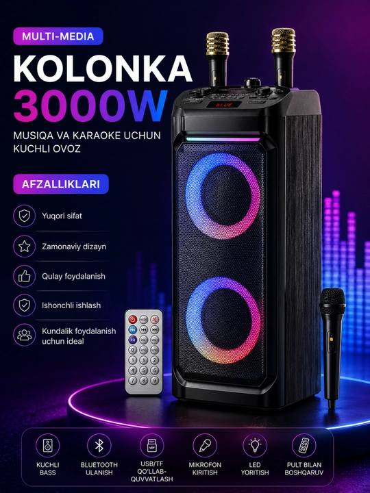 3000W Bluetooth Karaoke Kolonkasi, RGB LED, 2 ta Simsiz Mikrofon va Pult bilan - 