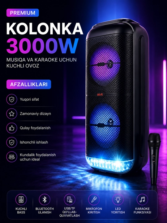 3000W Premium Bluetooth Karaoke Kolonkasi, RGB LED, Mikrofon va USB/TF Qo‘llab-quvvatlash - 
