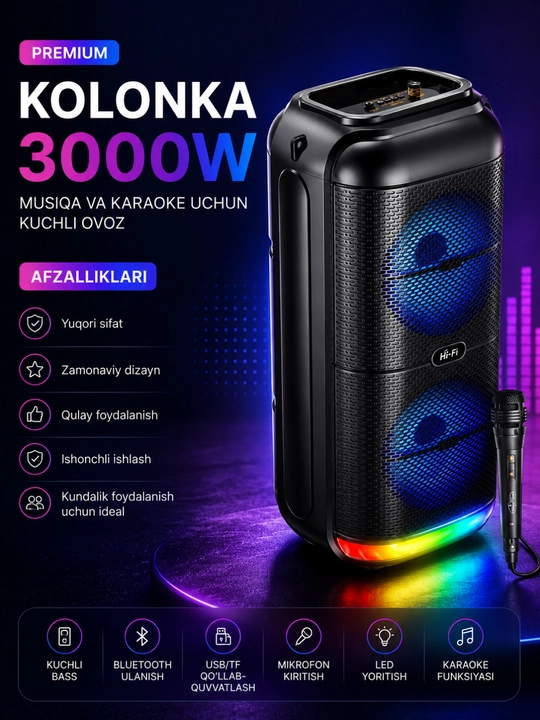 Премиальная Bluetooth караоке-колонка 3000W с RGB LED, микрофоном и поддержкой USB/TF - 