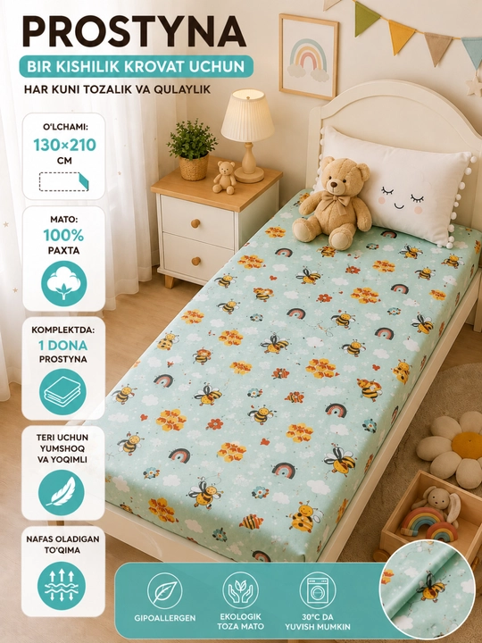Bir kishilik karavot uchun mo‘ljallangan 130 x 210 o‘lchamli, 100% paxta tolali, yumshoq, nafas oladigan choyshab