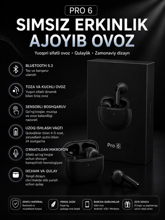 Pro 6 Simsiz Bluetooth 5.3 TWS Quloqchin, Sensorli Boshqaruv va Zaryadlash Qutisi - 