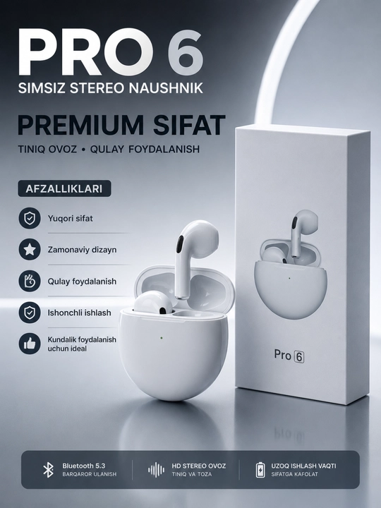 Беспроводные TWS наушники Pro 6 Bluetooth 5.3 с сенсорным управлением и зарядным кейсом - 