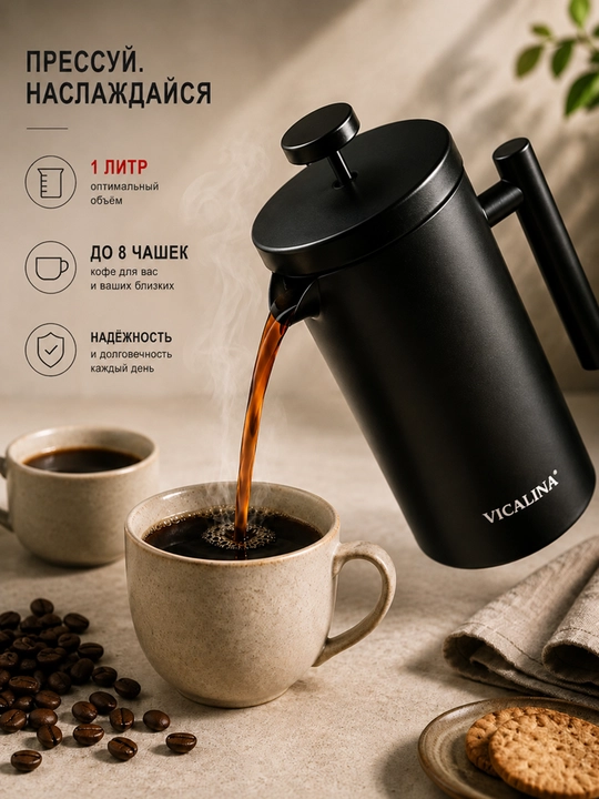 Френч-пресс VICALINA для чая и кофе, 1 л — до 8 чашек ароматного напитка