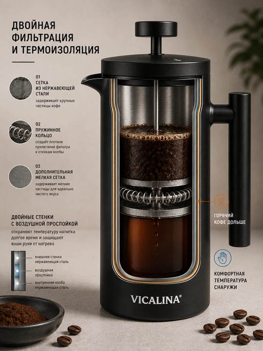 Френч-пресс VICALINA для чая и кофе, 1 л — до 8 чашек ароматного напитка