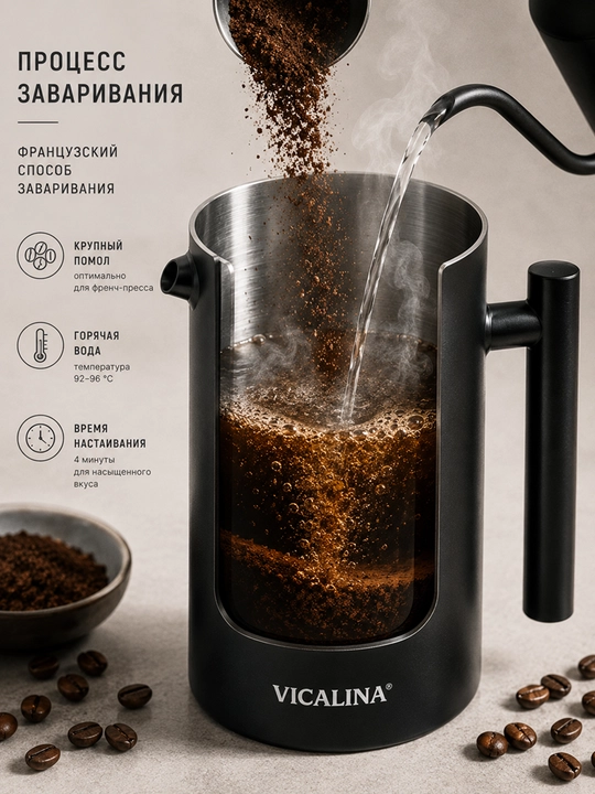 Френч-пресс VICALINA для чая и кофе, 1 л — до 8 чашек ароматного напитка
