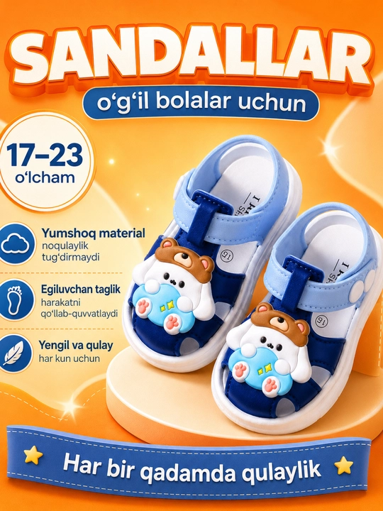 Bolalar sandallari, kichkintoylar uchun, tumshug‘i yopiq, yopishqoq bosonojkalar - 