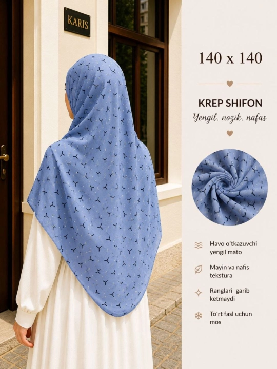 Ayollar ro‘mollari, krep-shifon, manzara ro'mol matosi harir, hijob, 120×120, 140×140 sm, Misr