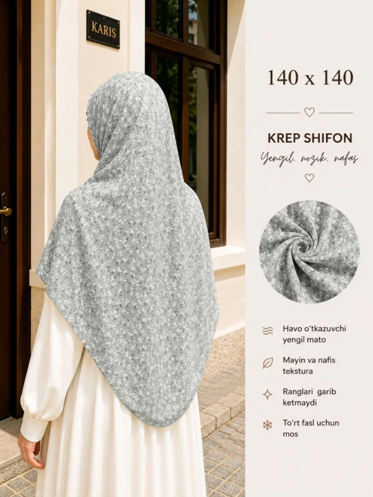 Ayollar ro‘mollari, krep-shifon, manzara ro'mol matosi harir, hijob, 120×120, 140×140 sm, Misr