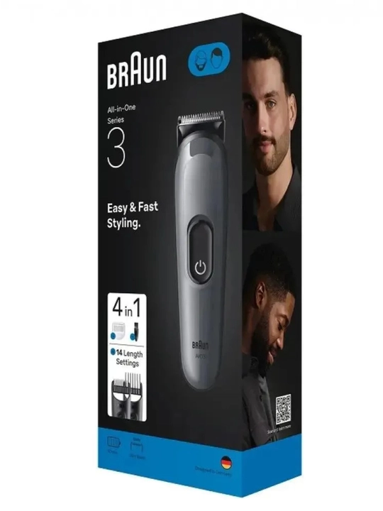 Braun AIO3500 soch, soqol va tana uchun trimmer, 100% suv o‘tkazmaydigan
