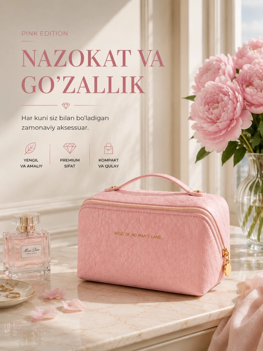 Ekocharmdan ayollar kosmetikasi, kosmetika uchun yo‘l organayzeri, sig‘imli