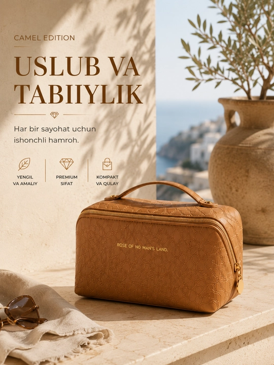 Ekocharmdan ayollar kosmetikasi, kosmetika uchun yo‘l organayzeri, sig‘imli