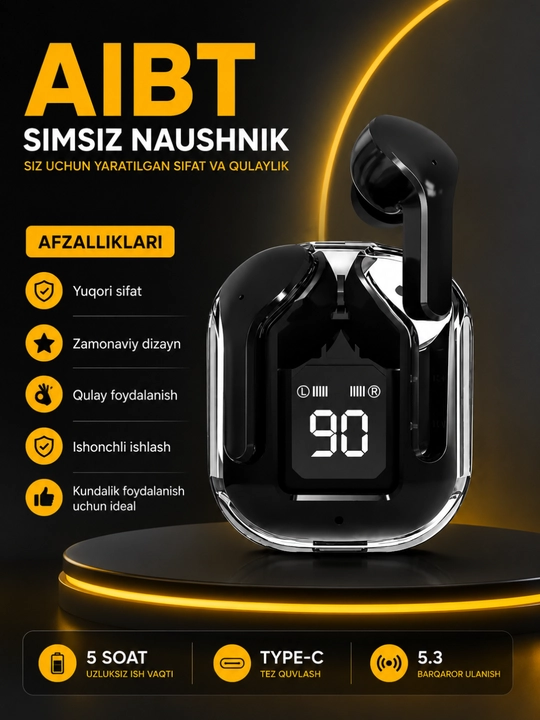 AIBT TWS Bluetooth 5.3 Simsiz Naushnik, LED Displeyli Type-C Zaryadlash Qutisi - 