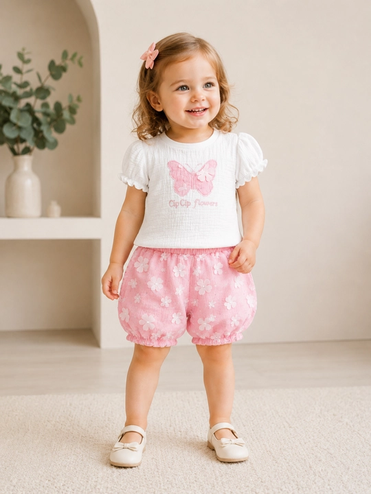 Qizlar uchun yozgi muslin komplekt kapalakli shortikli kiyim, 2 yosh, pusht