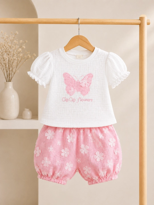 Qizlar uchun yozgi muslin komplekt kapalakli shortikli kiyim, 2 yosh, pusht