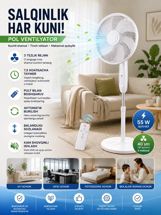 Maishiy Pol Ventilyatori 55 Vt, 40 sm, Pultli, Taymerli, 5 Parrakli - 