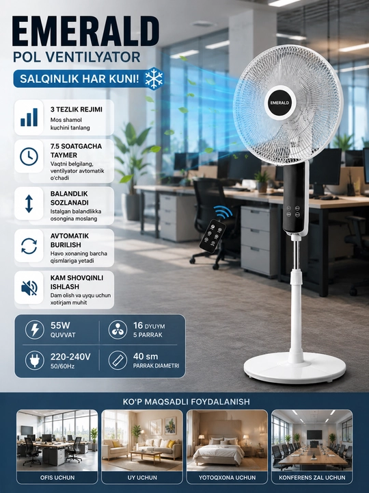 Maishiy Pol Ventilyatori 55 Vt, 40 sm, Pultli, Taymerli, 5 Parrakli - 