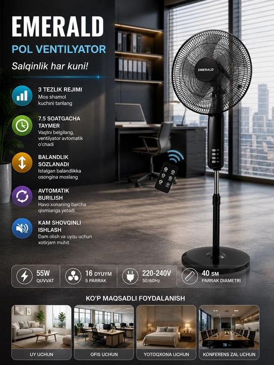 Maishiy Pol Ventilyatori 55 Vt, 40 sm, Pultli, Taymerli, 5 Parrakli