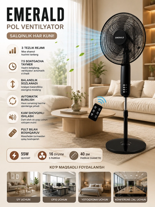 Maishiy Pol Ventilyatori 55 Vt, 40 sm, Pultli, Taymerli, 5 Parrakli - 