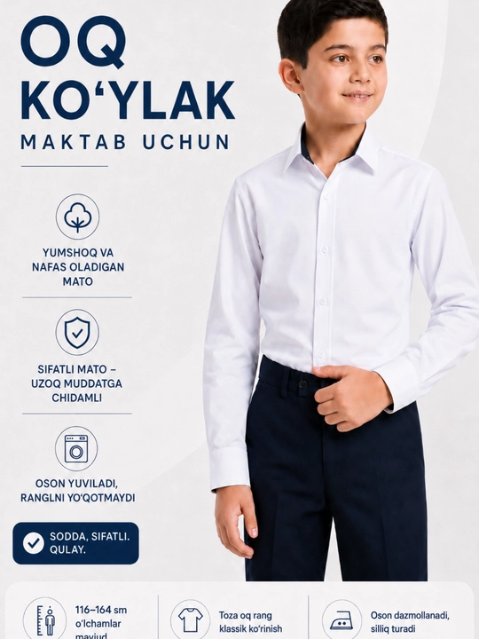 Erkaklar uchun oq klassik ko‘ylak, uzun yengli rasmiy ko‘ylak, ofis, ish va bayram uchun