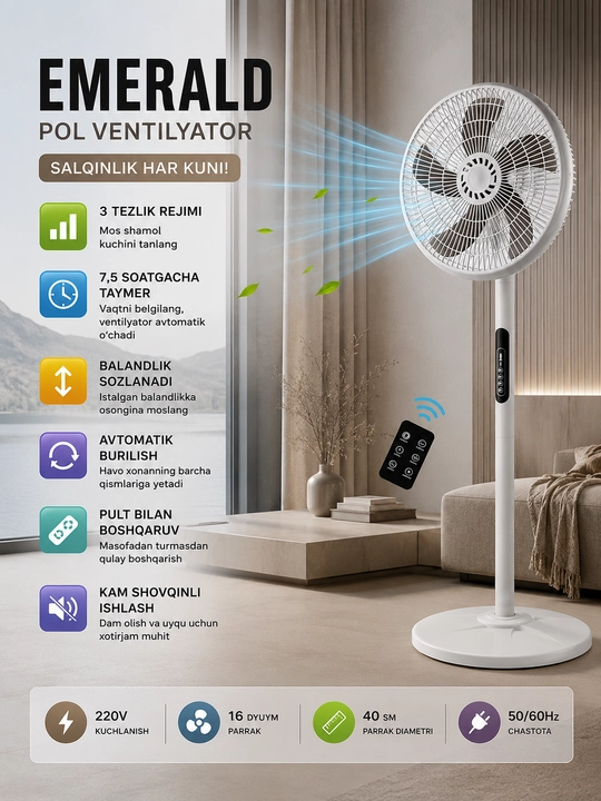 Maishiy Pol Ventilyatori 55 Vt, 40 sm, Pultli, Taymerli, 5 Parrakli - 