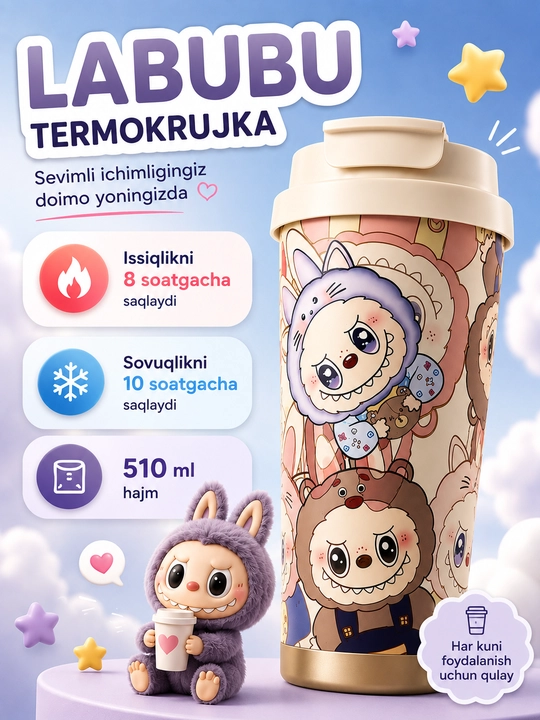 510 ml hajmli, naychali, to‘kilmas qopqoqli va qo‘sh devorli termokrujka