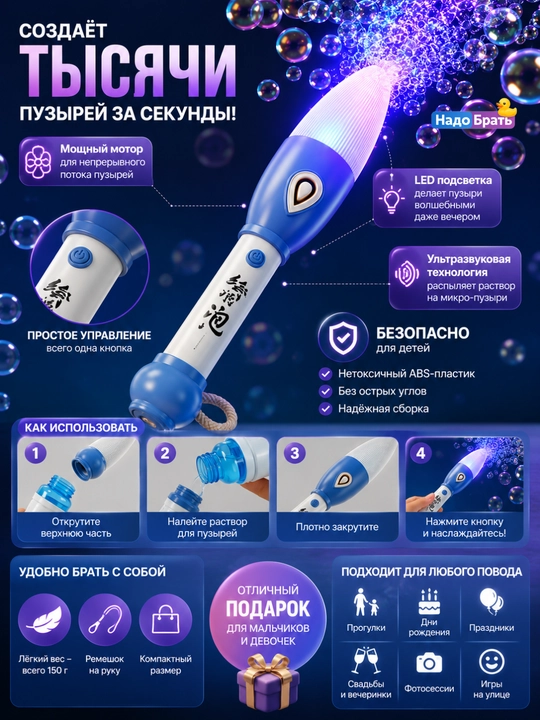 Yoritgichli elektr sovun pufagi tayoqchasi, bolalar o'yinchog'i, pufak generatori