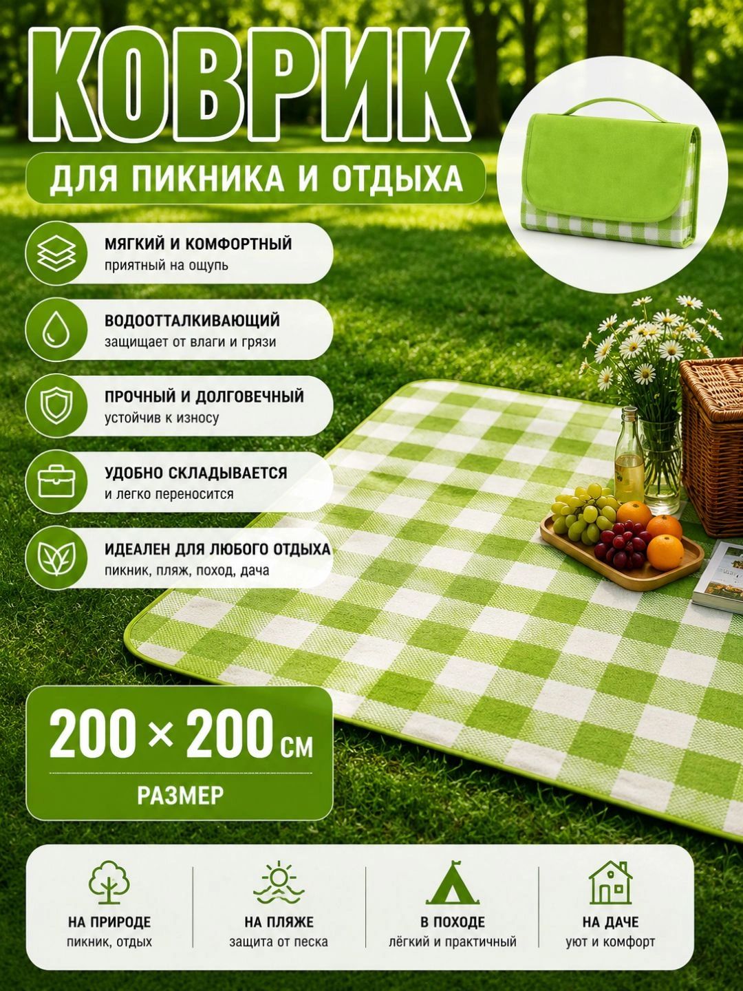 Piknik uchun katta katakli gilamcha 200x200 sm suv o‘tkazmaydigan - 