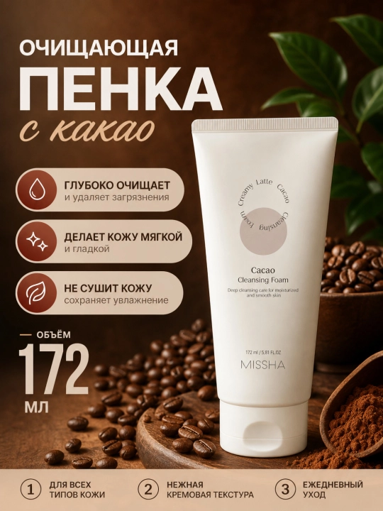 Yuz uchun ko'pik, Missha, Cacao, Strawberry, Green tea, 172 ml - 
