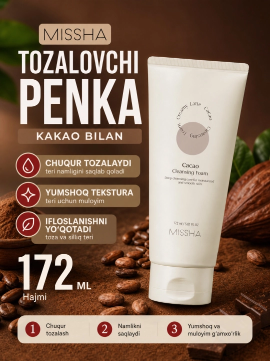 Yuz uchun ko'pik, Missha, Cacao, Strawberry, Green tea, 172 ml