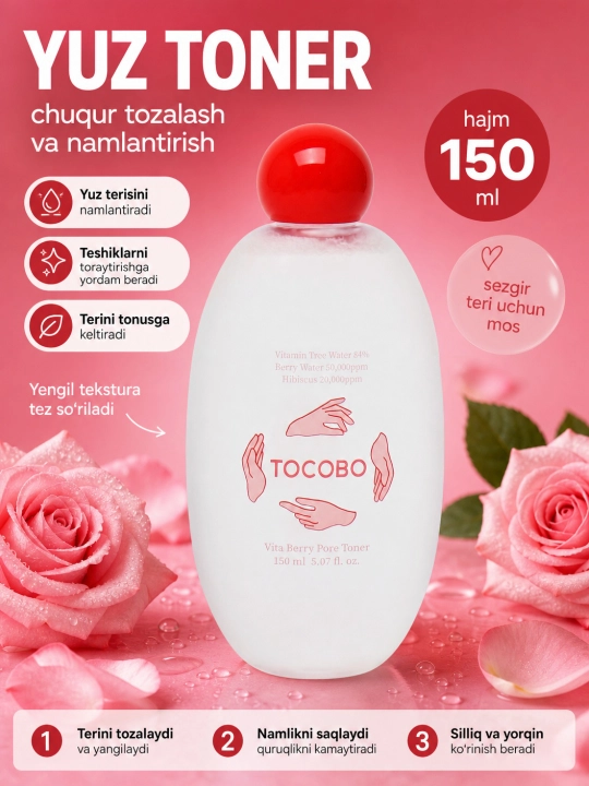 Rezavor meva ekstraktlari va vitaminlar bilan kengaytiruvchi toner, Tocobo, Vita Bery Pora, 150 ml