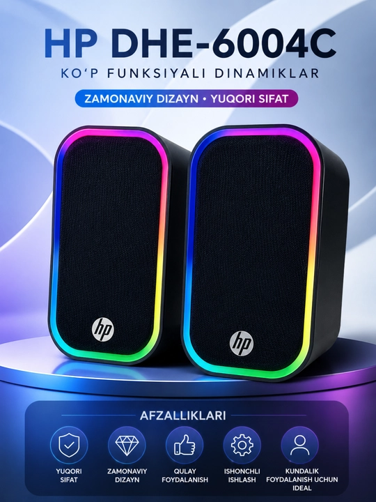 HP DHE-6004C USB Multimedia Dinamiklari, RGB Yoritishli Stereo Kompyuter Karnaylari - 