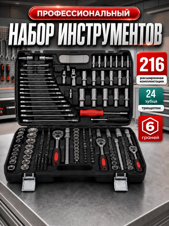 Набор головок и бит c ручкой и адаптером, 216 предметов