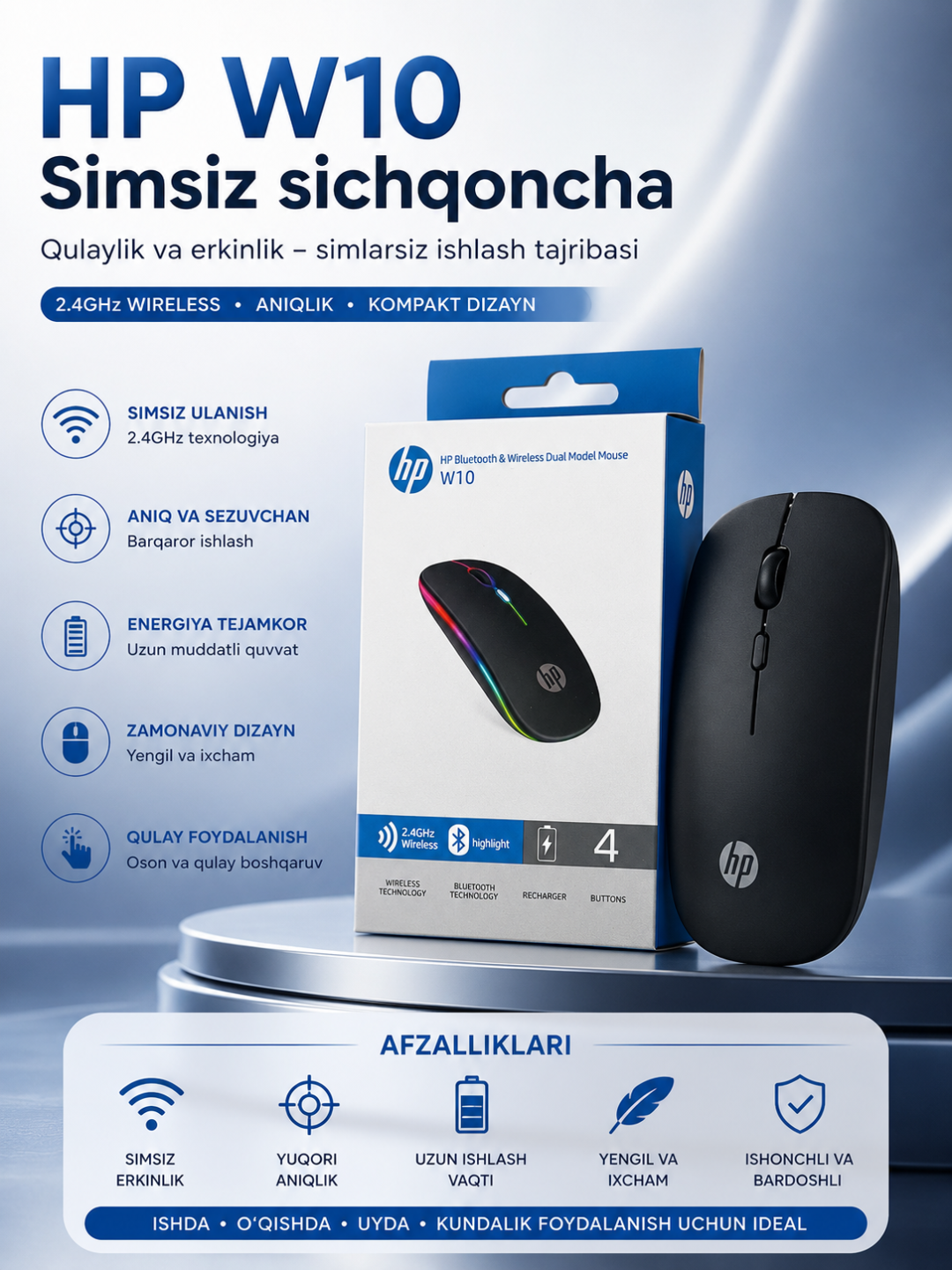 HP W10 Simsiz Sichqoncha, Bluetooth 5.1 va 2.4GHz Dual Mode, Type-C Qayta Zaryadlanuvchi - 