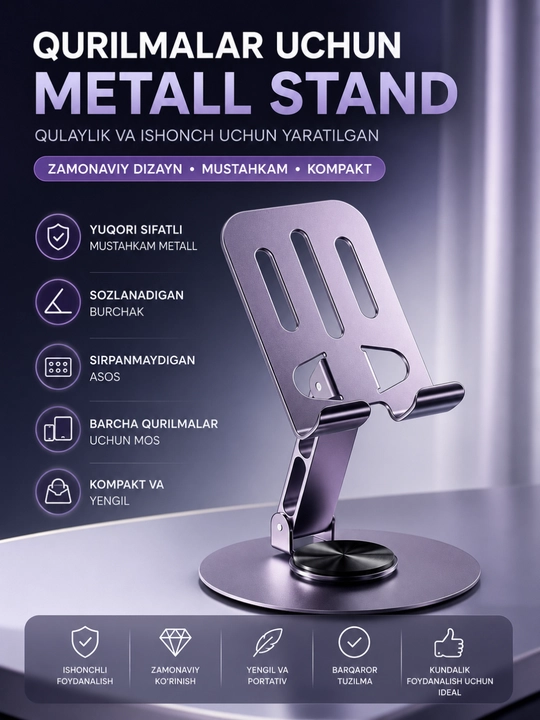 Universal Sozlanadigan Metall Telefon va Planshet Stendi, Buklanadigan Premium Alyuminiy - 