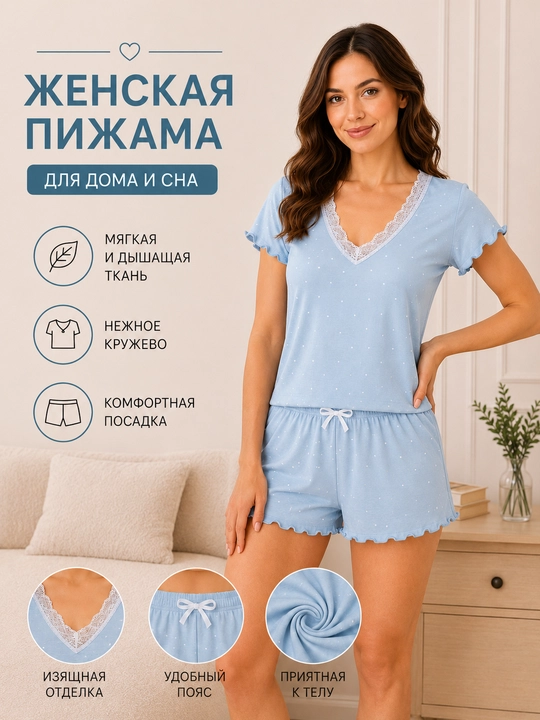 Женская пижама с кружевом – комплект для дома и сна, шотрик, майка, хб, для дома - 