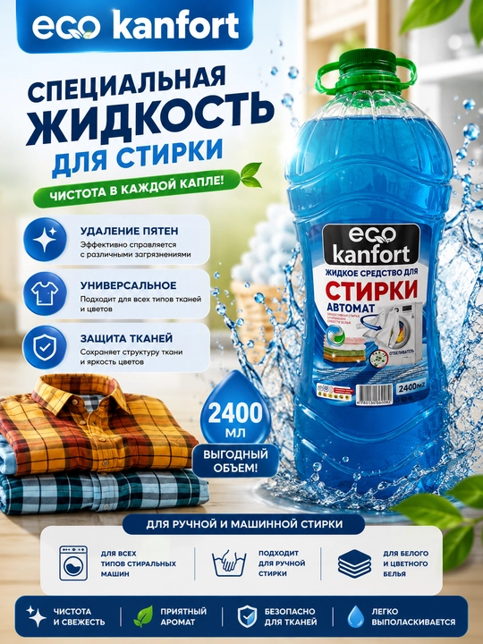 "ECO KANFORT" Kir yuvish suyuqligi gelli, kattalar va bolalar kiyimi uchun - 