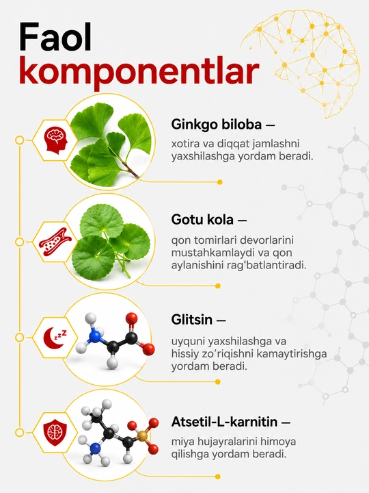 НейроТОП, готу кола, гинкго билоба, глицин, для мозга, для памяти, здоровый сон, 30 капсул