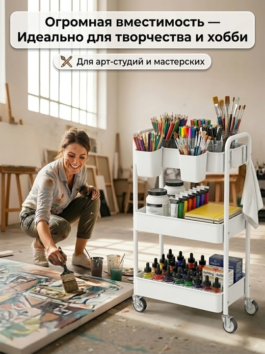 Этажерка на колесиках узкая — 3-ярусная тележка для хранения в детскую и кухню