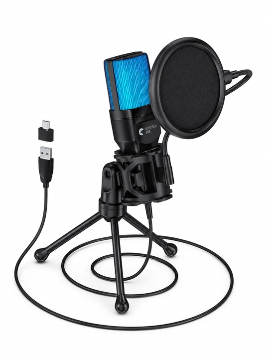 Игровой RGB микрофон для компьютера, USB микрофон для ПК, стримов, игр и общения