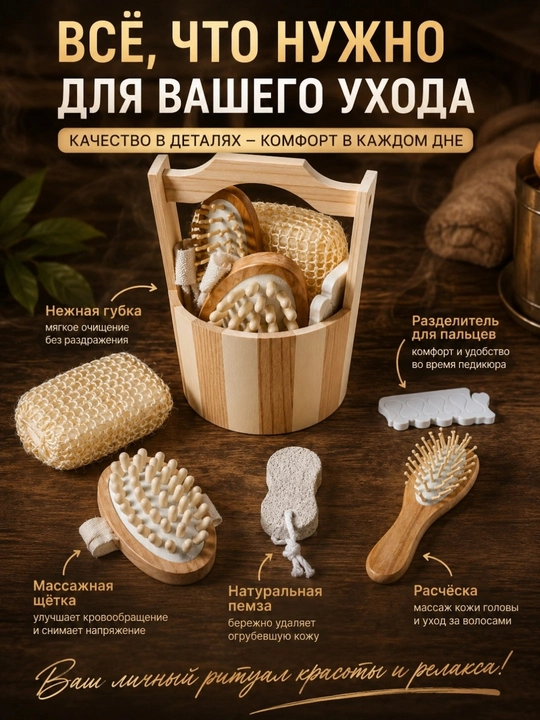Банный набор в деревянном боксе, массажная щётка, пемза, губка, расчёска, уход за телом