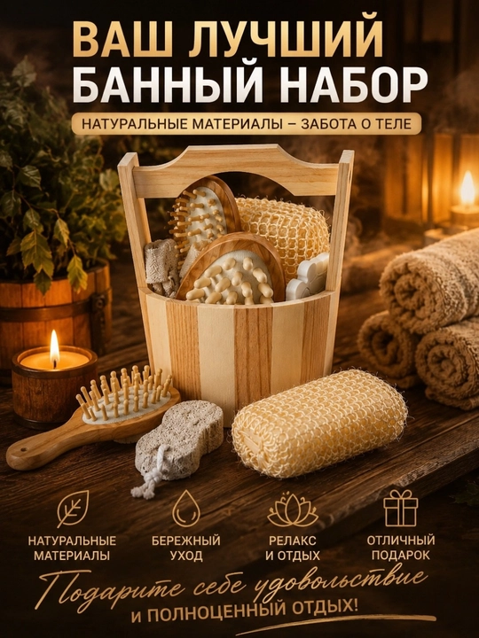 Банный набор в деревянном боксе, массажная щётка, пемза, губка, расчёска, уход за телом