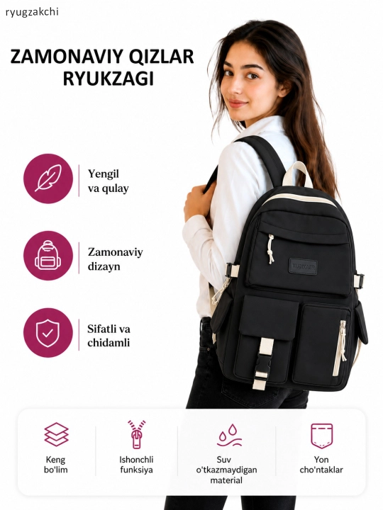 Ayollar ryukzagi keng sig‘imli casual ryukzagi, yengil, maktab va universitet uchun - 