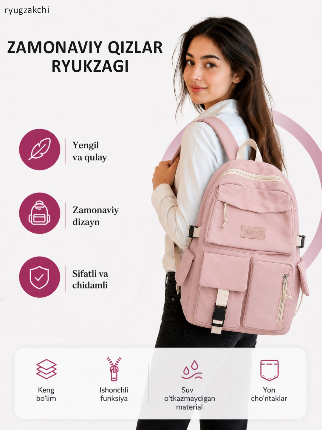 Ayollar ryukzagi keng sig‘imli casual ryukzagi, yengil, maktab va universitet uchun - 