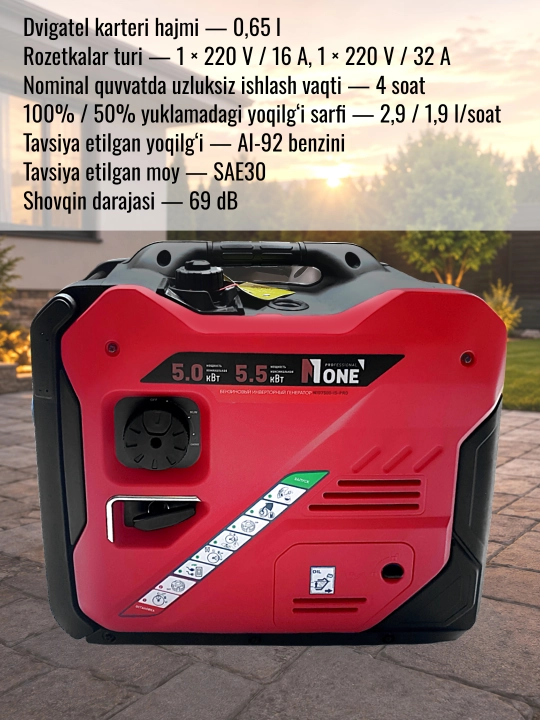 Benzinli invertor generator NUMBER ONE NIG7500-iS-PRO, maksimal quvvati 5.5 kVt