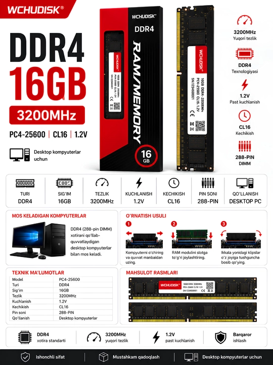 Operativ xotira Wchudisk  DDR4 16GB, 2666MHz, stol kompyuteri uchun