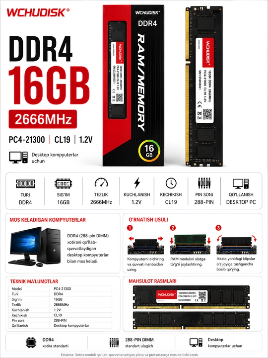 Operativ xotira Wchudisk  DDR4 16GB, 2666MHz, stol kompyuteri uchun